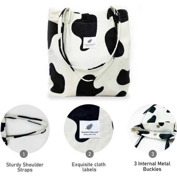 Cow Print Corduroy Tote Bag with Secure Buckles and Straps With Inner Pockets - Picture 4 of 6